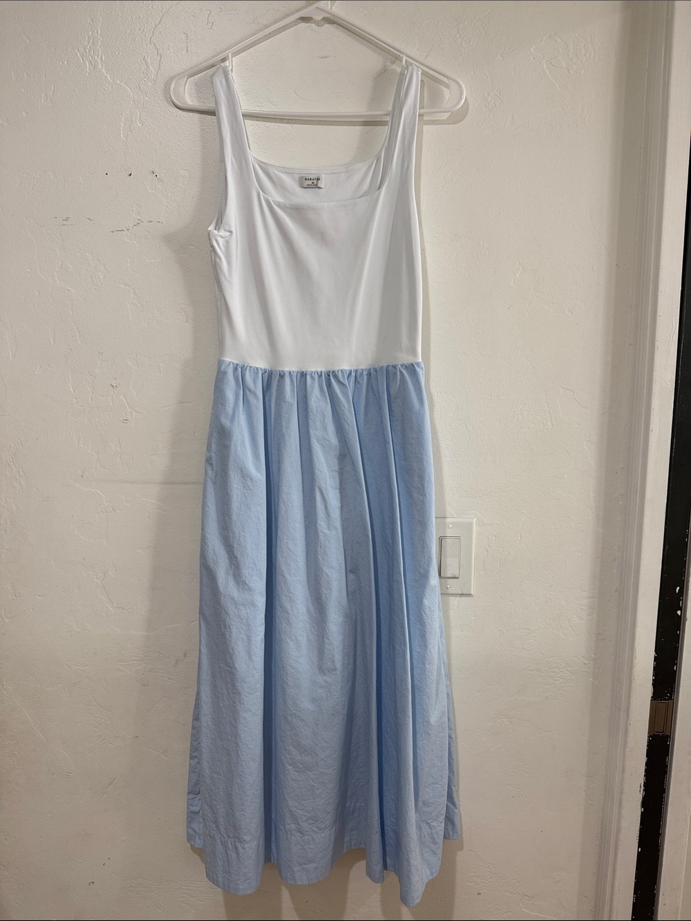Babaton White and Light Blue Sleeveless Midi Dress